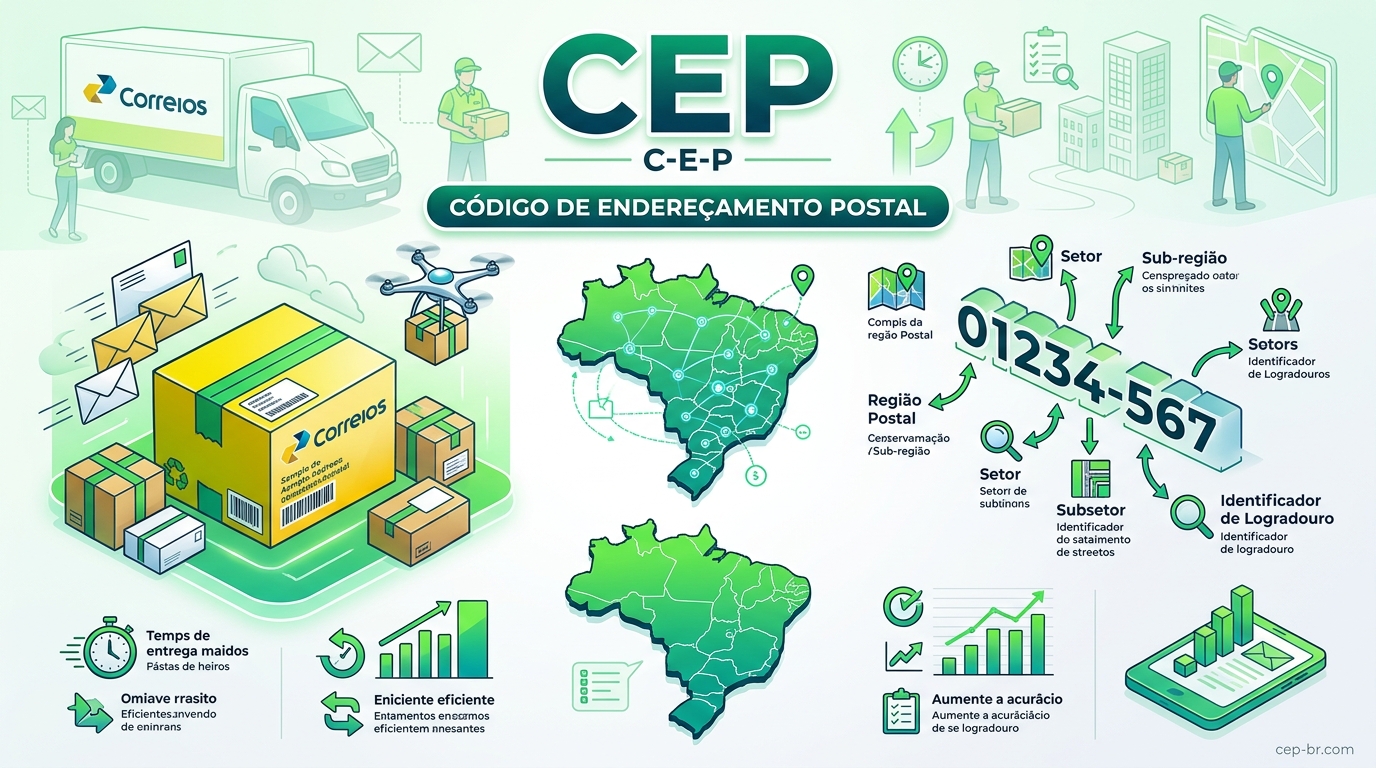 Ilustração explicativa com a sigla CEP e encomendas dos Correios ao fundo