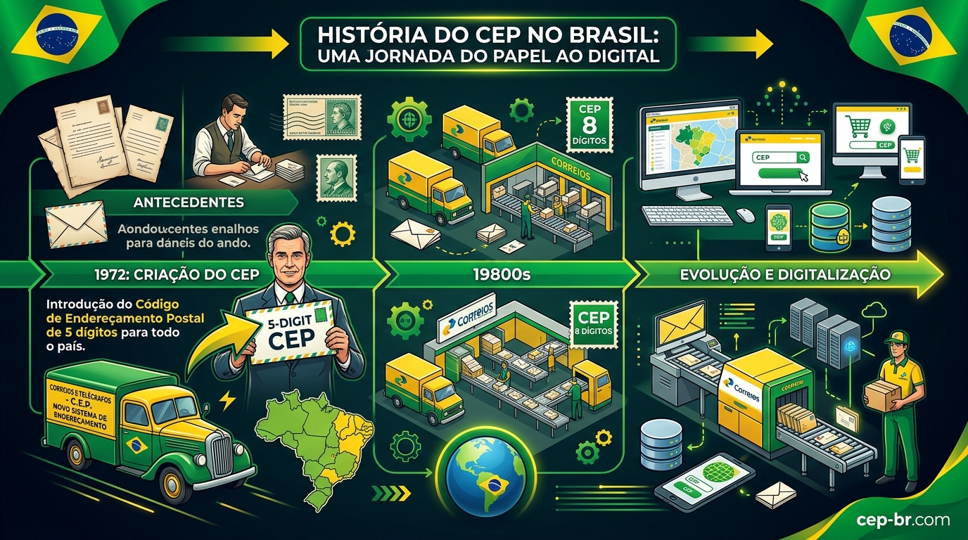 Linha do tempo mostrando a evolução do CEP de 5 para 8 dígitos no Brasil