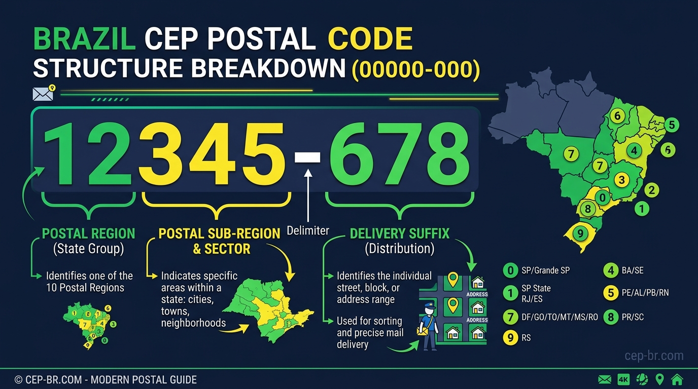 Infográfico com a estrutura dos 8 dígitos do CEP explicados em detalhes