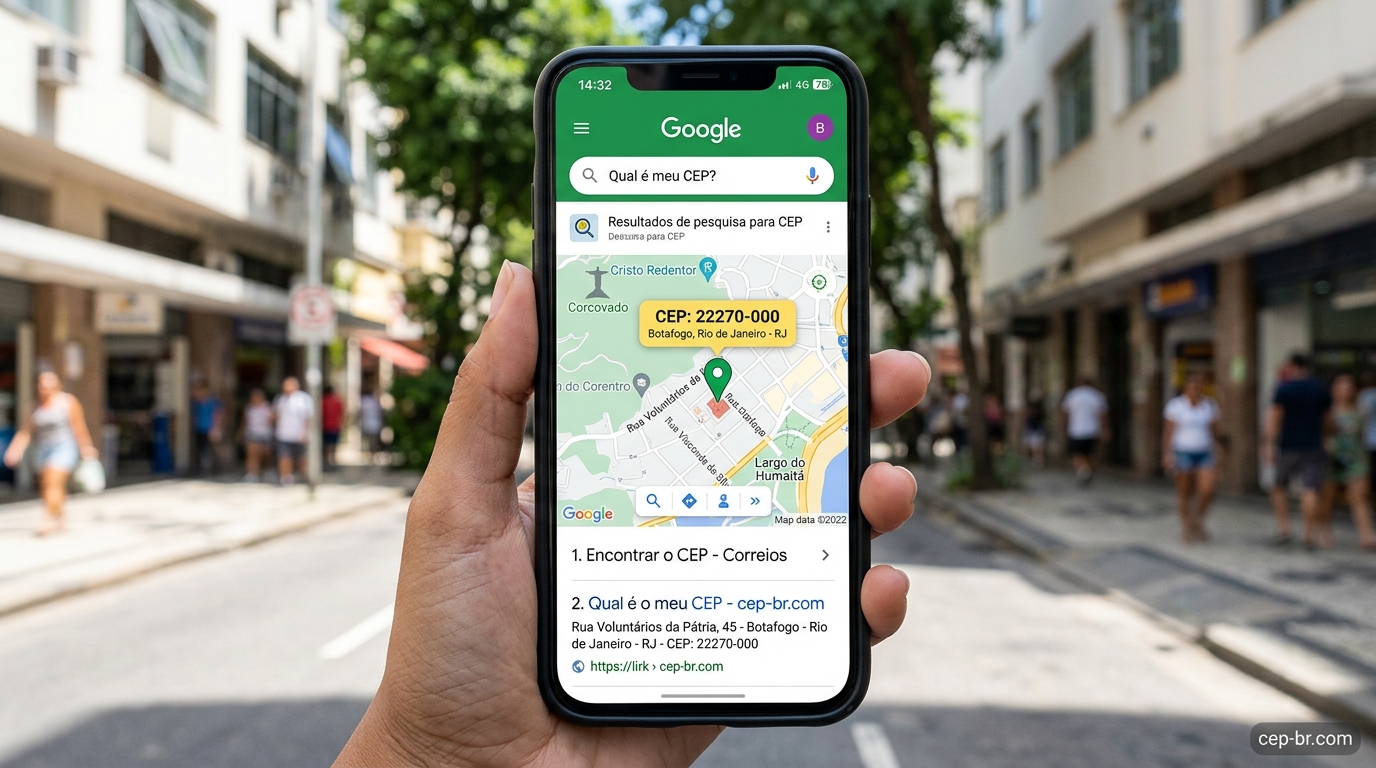 Tela de smartphone mostrando a busca de CEP no Google Maps com GPS ligado